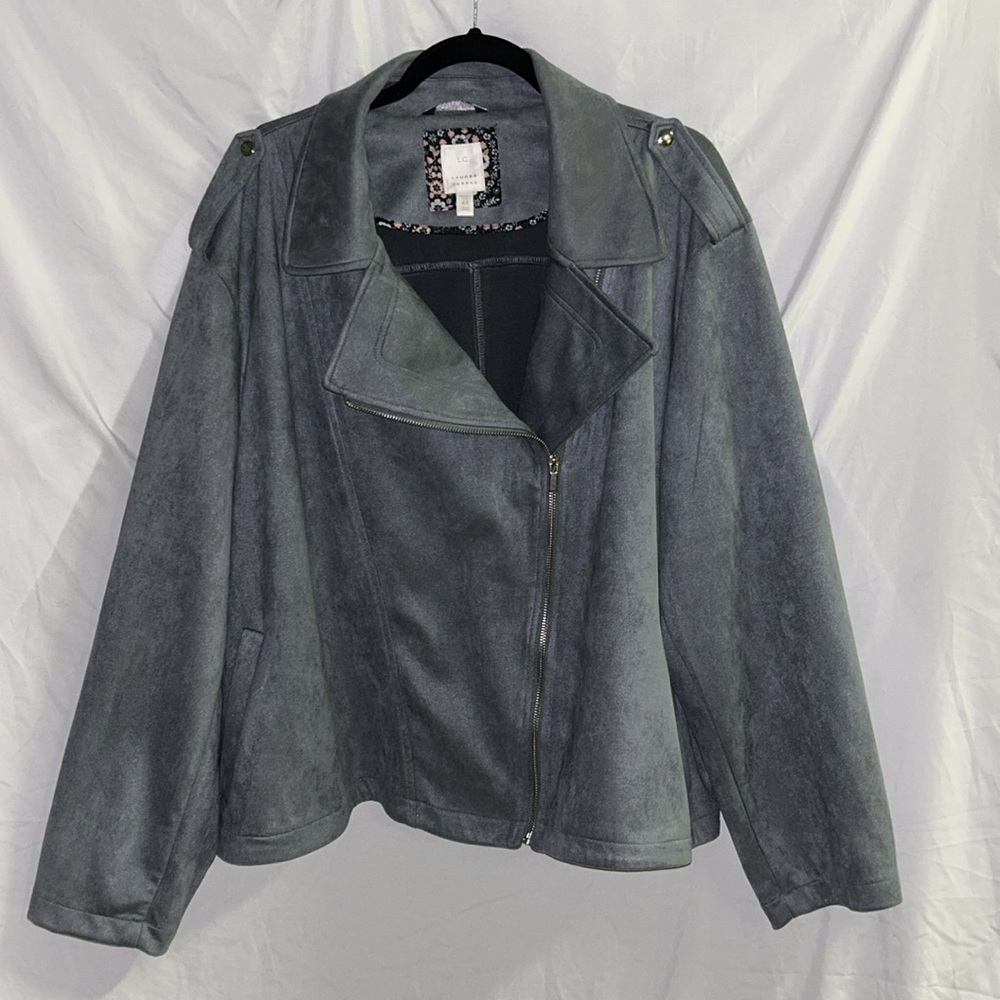 Lauren Conrad Moto Jacket Womens Blue/Grey Faux Suede Long Sleeve, Size 4X